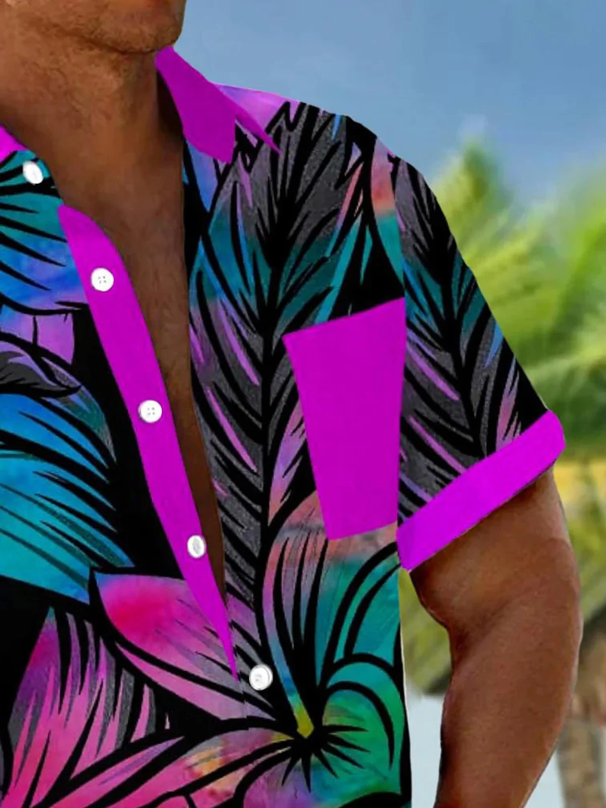 Royaura® Hawaiian Floral Contrast Print Men's Button Pocket Short Sleeve Shirt
