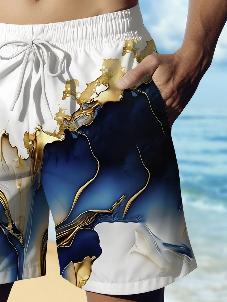 Royaura® Vintage Blue And Gold Abstract Texture Print Men's Beach Shorts