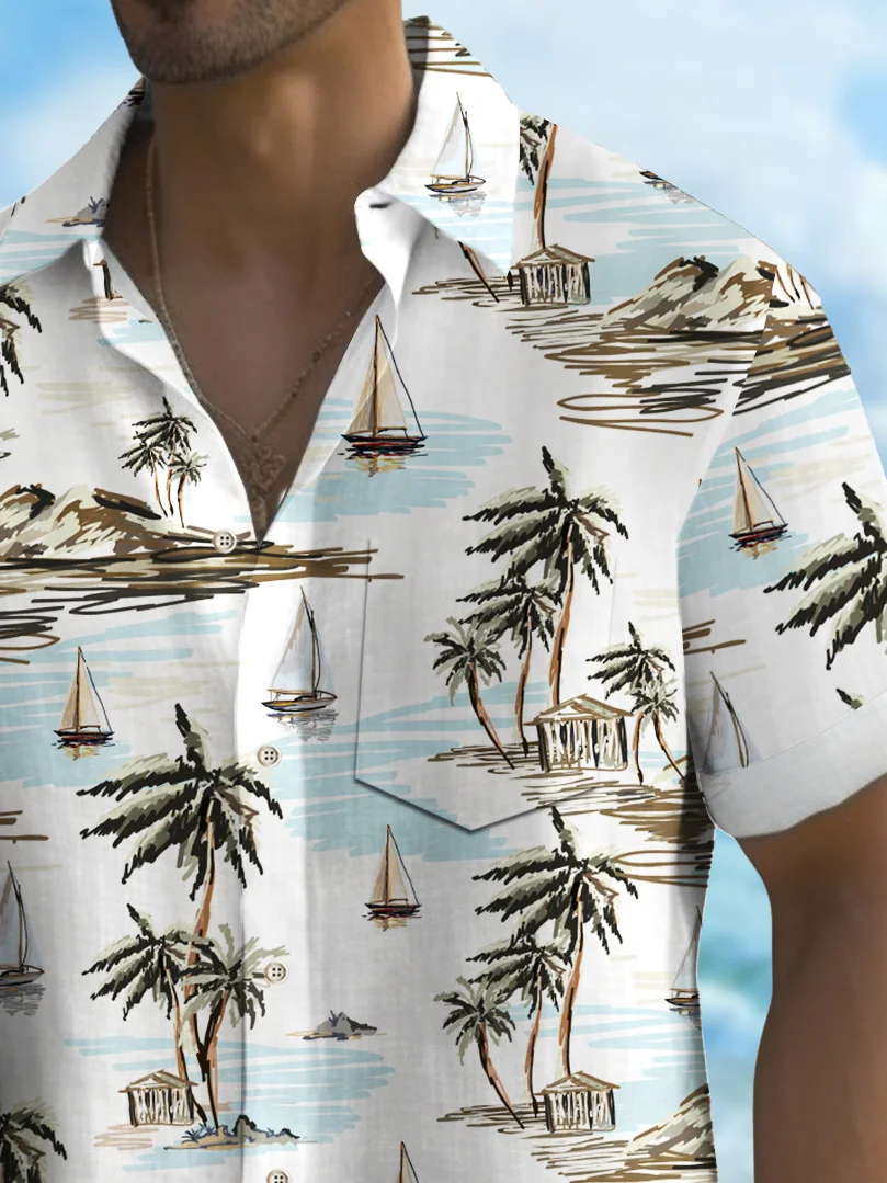 Royaura® Beach Vacation Men's Hawaiian Shirt Coconut Tree Print Pocket Camping Shirt