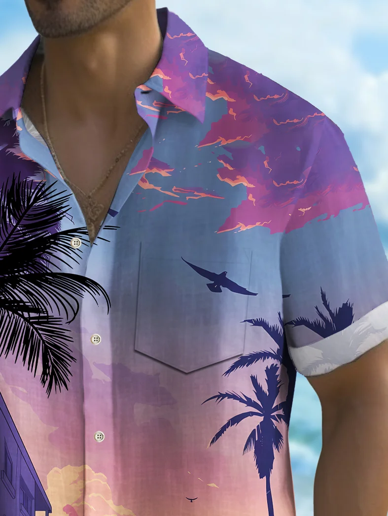 Royaura® Beach Vacation Men's Hawaiian Shirt Coconut Tree Sunset Print Pocket Camping Shirt