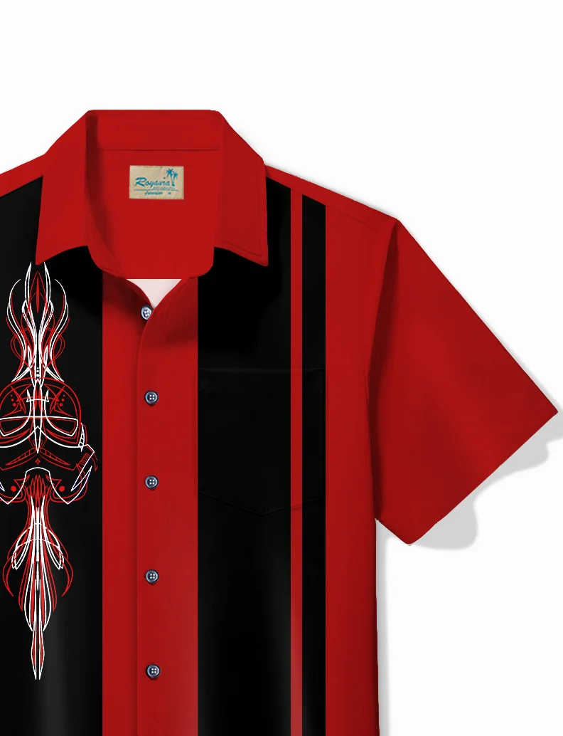 Royaura® Vintage Bowling Pinstripe Samurai Print Chest Pocket Shirt Plus Size Men's Shirt
