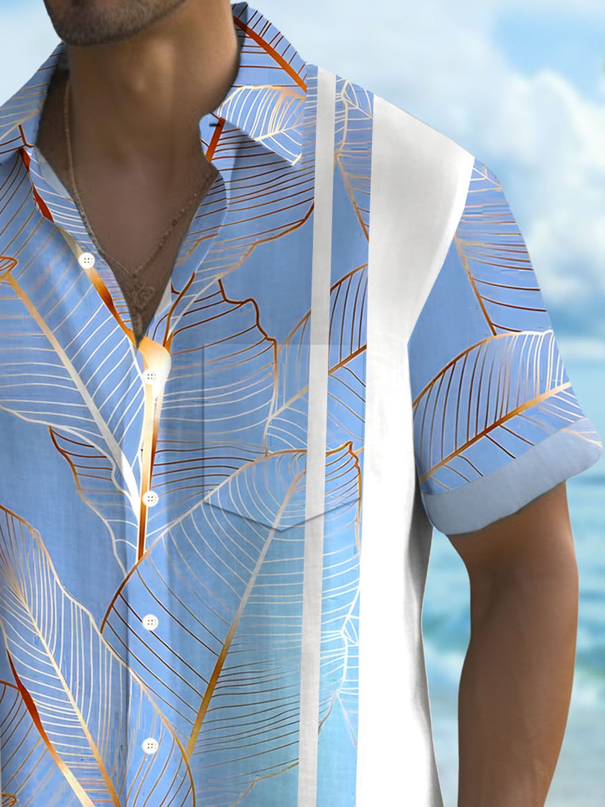 Royaura® Hawaiian Gold Botanical Print Men's Button Pocket Short Sleeve Shirt