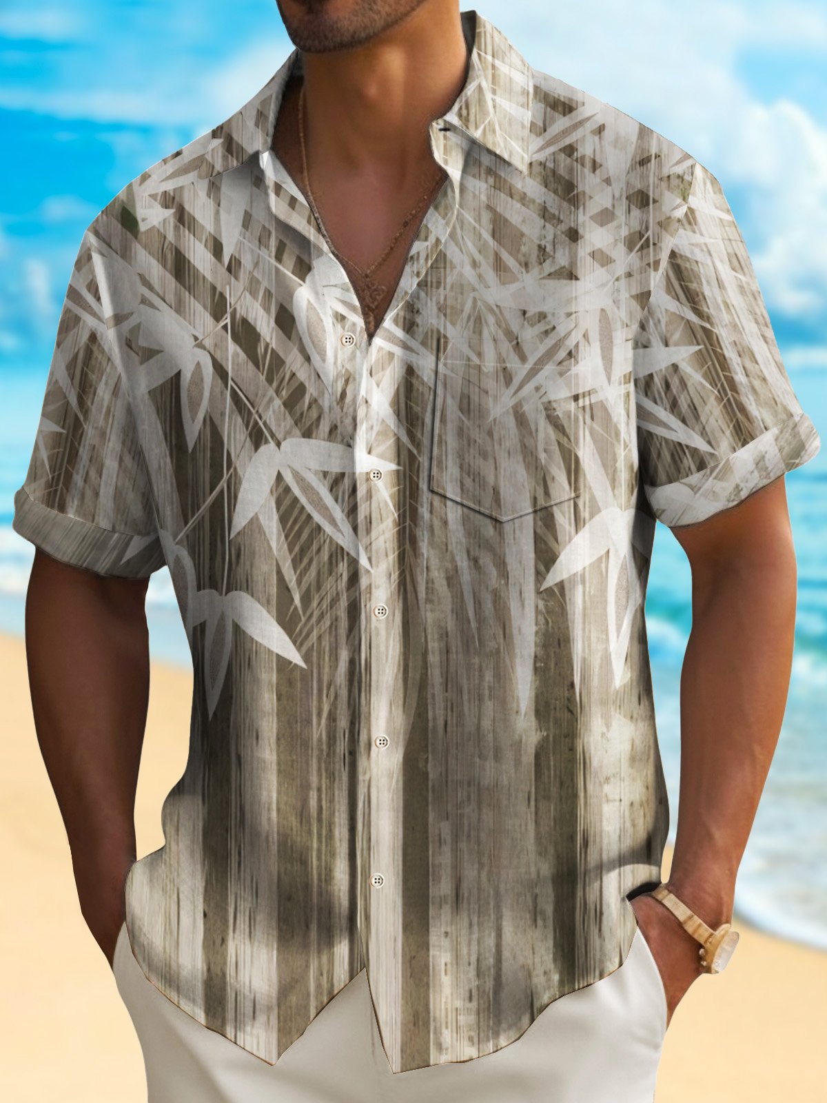 Royaura® Vintage Bamboo Leaf Men's Hawaiian Shirt Breathable Comfortable Pocket Camp Shirt