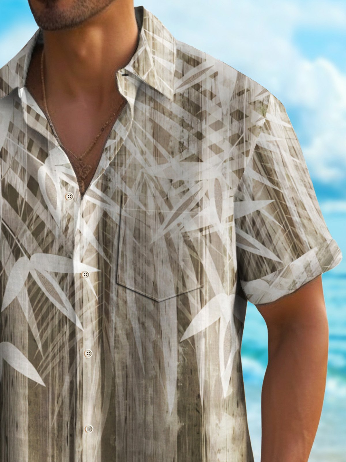 Royaura® Vintage Bamboo Leaf Men's Hawaiian Shirt Breathable Comfortable Pocket Camp Shirt