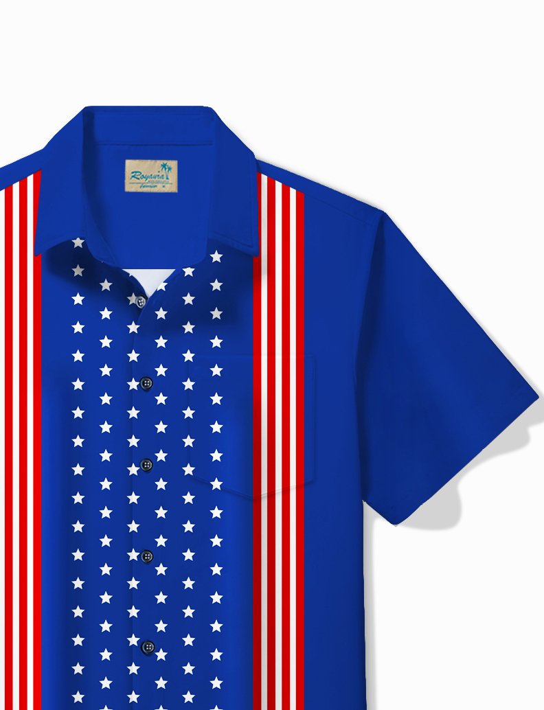 Royaura® Vintage Bowling Star Stripe Print Chest Pocket Shirt Plus Size Men's Shirt