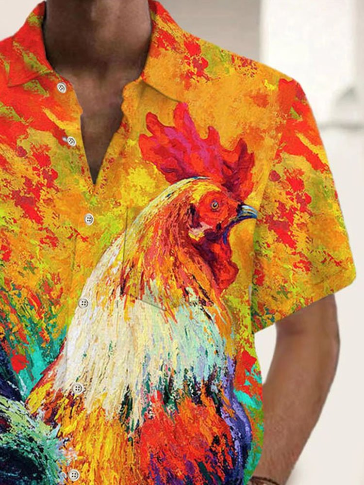 Royaura® Retro Ombre Rooster Print Men's Button Pocket Short Sleeve Shirt