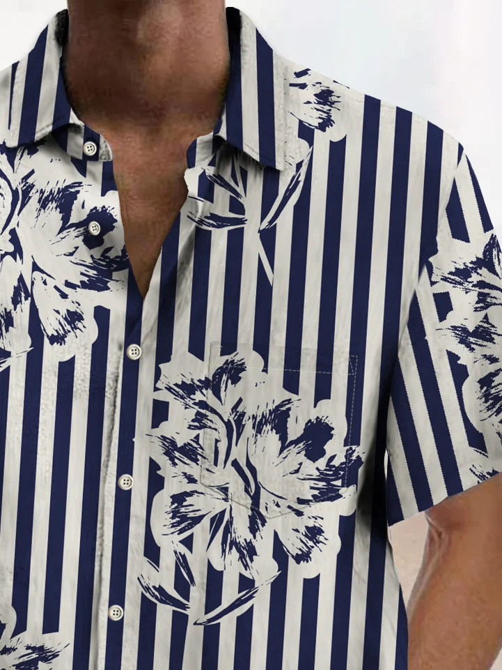 Royaura® Vintage Striped Floral Print Chest Pocket Shirt Plus Size Men's Shirt