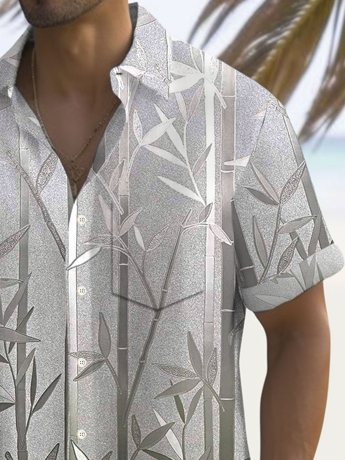 Royaura® Vintage Bamboo Texture 3D Print Men's Button Pocket Short Sleeve Shirt