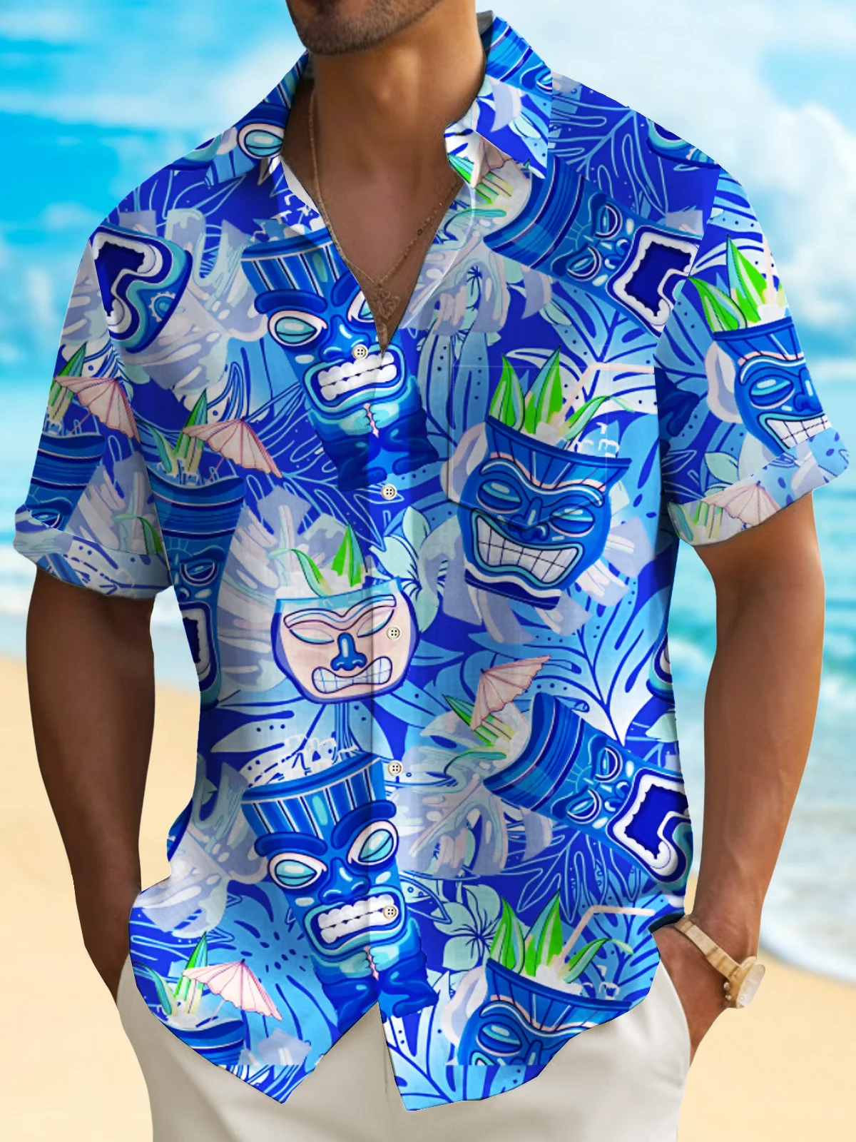Royaura® Tropical TIKI Bar Blue Men's Hawaiian Shirt Wrinkle Free Seersucker Stretch Camp Pocket Shirt Big Tall