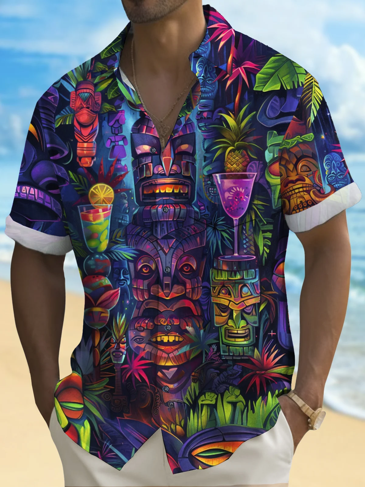 Royaura® Beach Vacation Men's Hawaiian Shirt Tiki Cocktail Tiki Bar Print Pocket Camping Shirt Big Tall