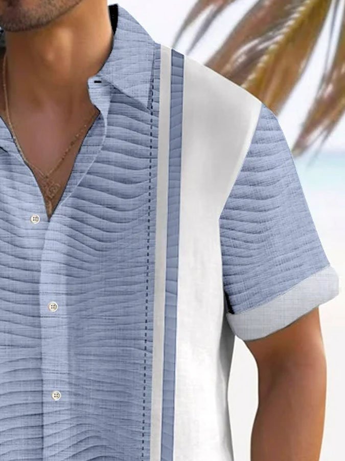 Royaura® Retro Textured 3D Bowling Print Men's Button Pocket Short Sleeve Shirt
