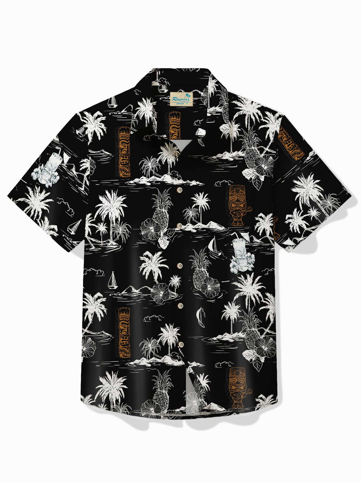 Royaura® Beach Holiday Black Men's Hawaiian Shirt TIKI Coconut Tree Camp Pocket Band Artist Shirt Big Tall