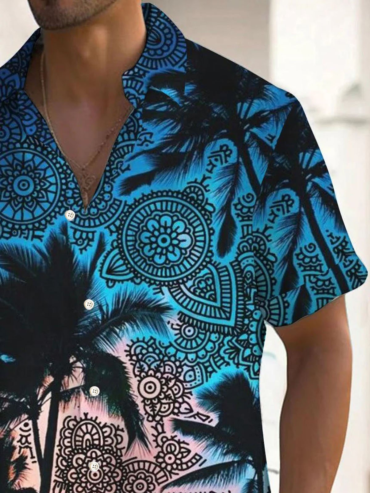 Royaura® Hawaiian Coconut Tree Texture Print Men's Button Pocket Short Sleeve Shirt