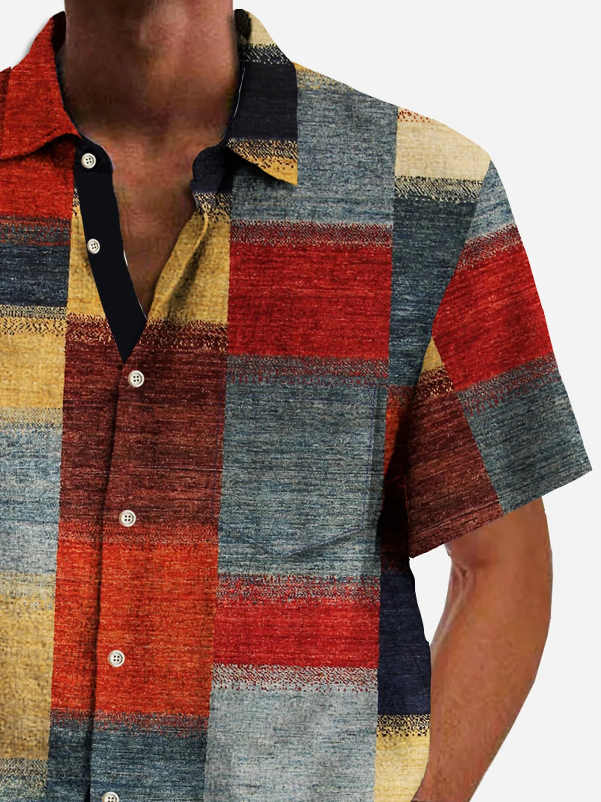 Royaura® Vintage Geometric Men's Plaid Shirt Casual Art Camp Pocket Shirt Big Tall
