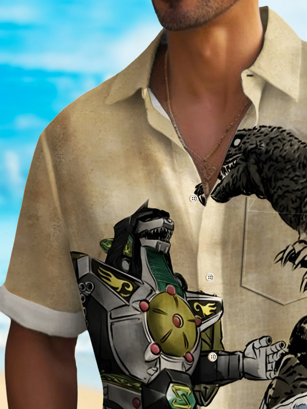 Royaura® Vintage Ukiyo-e Dinosaur Men's Hawaiian Shirt Monster Art Camp Pocket Shirt Big Tall