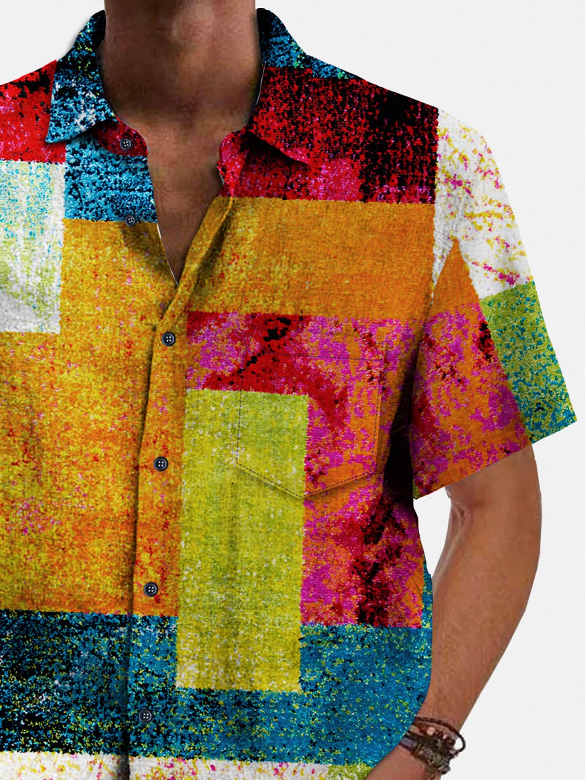 Royaura® Retro Geometric Men's Plaid Shirt Casual Art Camp Pocket Shirt Big Tall