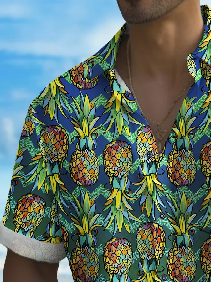 Royaura® Beach Vacation Men's Hawaiian Shirt Fruit Pineapple Print Pocket Camping Shirt Big Tall