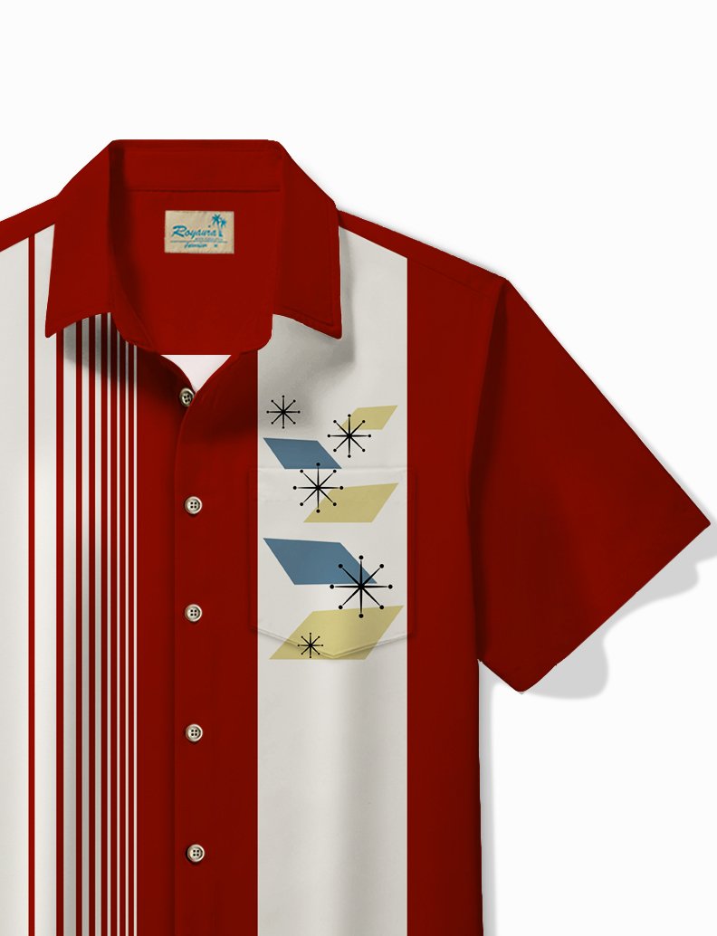 Royaura® Vintage Bowling Geometric Starburst Print Chest Pocket Shirt Plus Size Men's Shirt Big Tall