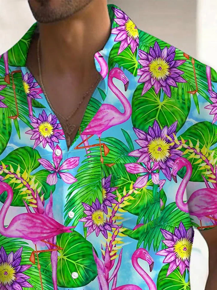 Royaura® Beach Vacation Men's Hawaiian Shirt Plant Floral Flamingo Print Pocket Camping Shirt Big Tall