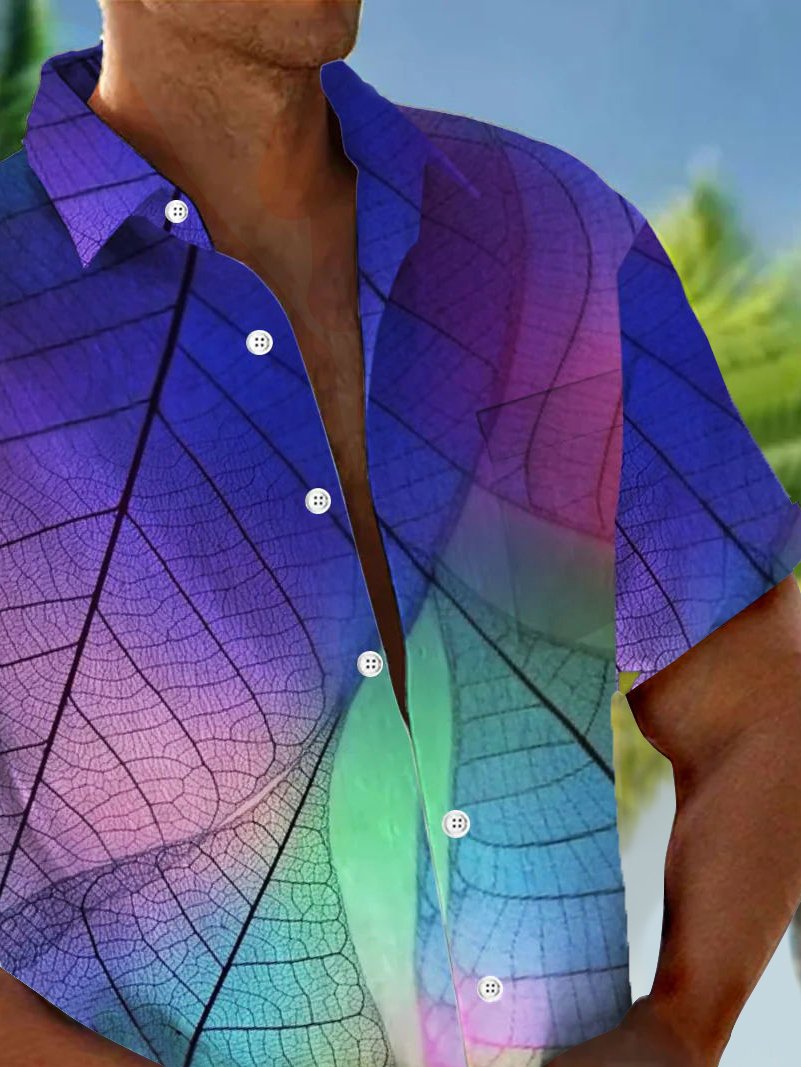 Royaura® Beach Vacation Men's Hawaiian Shirt Gradient Plant Leaf Print Pocket Camping Shirt Big Tall