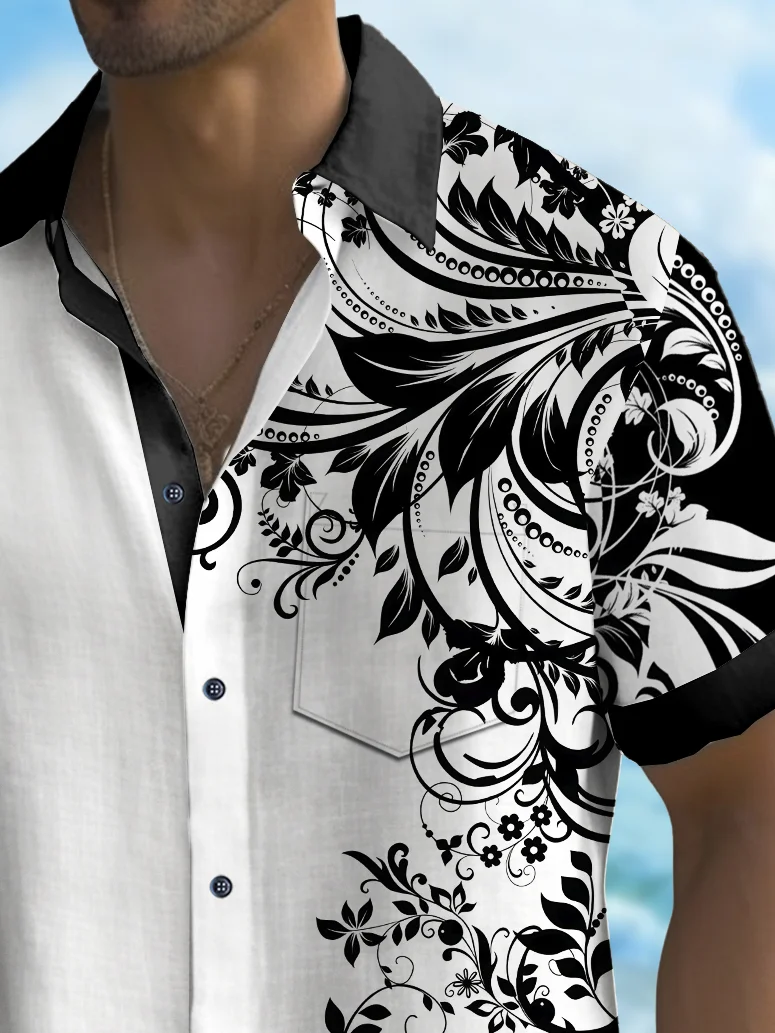 Royaura® Vintage Floral Black And White Splicing Print Chest Pocket Shirt Plus Size Men's Shirt Big Tall