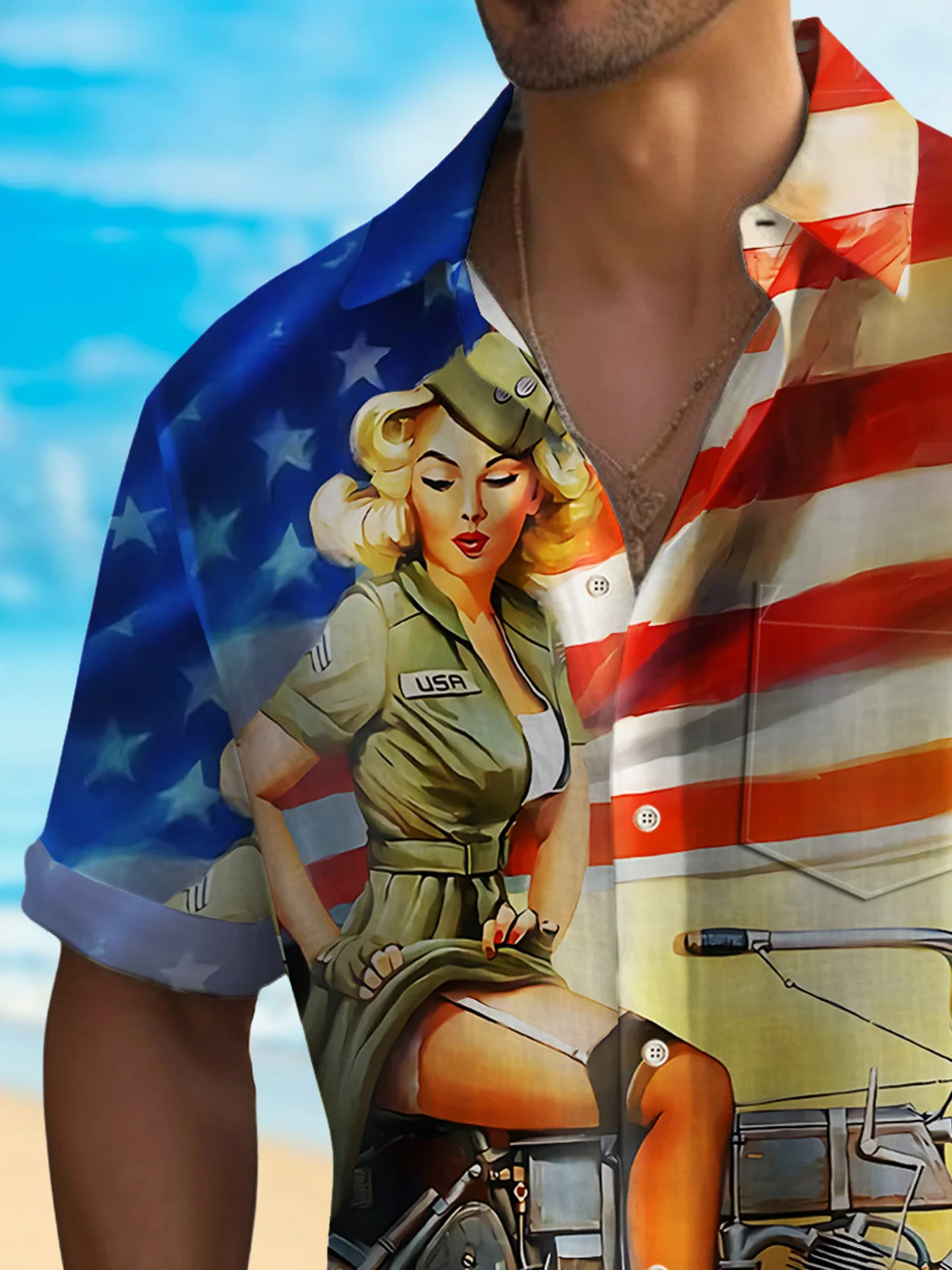 Royaura® Vintage Independence Day Men's Hawaiian Shirt American Flag Pin-up Girl Camp Pocket Shirt Big Tall