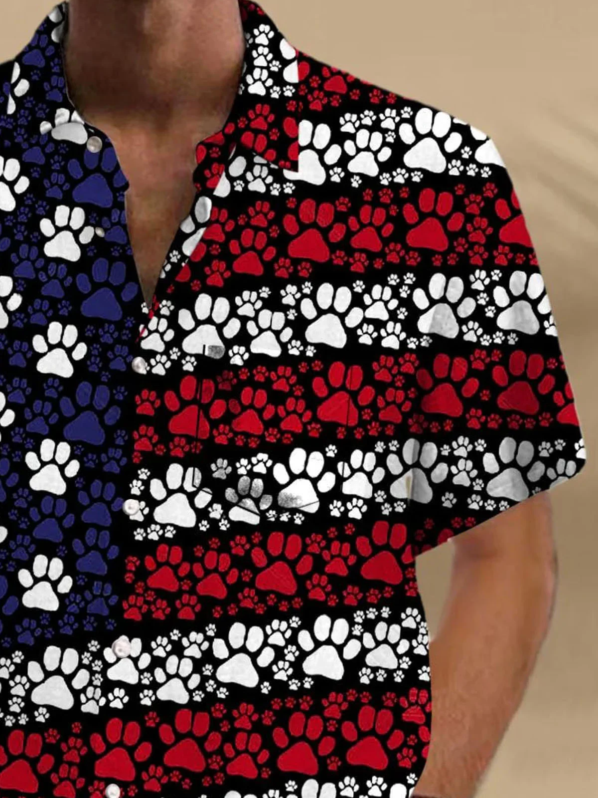 Royaura® Vintage Flag Dog Footprint 3D Print Men's Button Pocket Short Sleeve Shirt