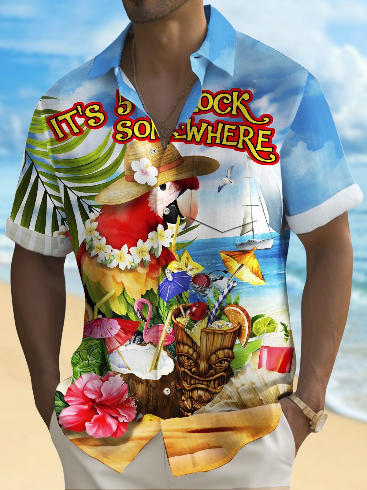 Royaura® Beach Vacation Men's Hawaiian Shirt Tiki Wine Glass Cocktail Parrot Print Tiki Bar Bartender Pocket Camping Shirt