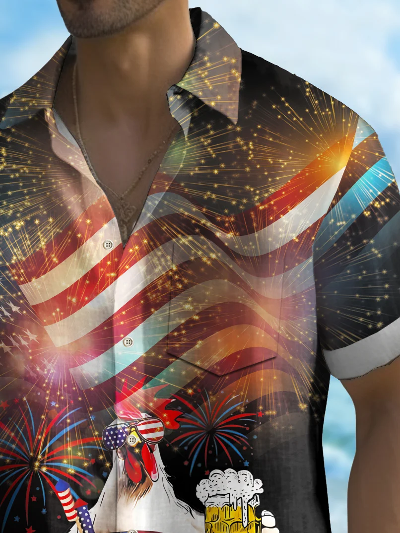 Royaura® Holiday Men's Independence Day Flag Chicken Fireworks Print Casual Breathable Short Sleeve Shirt Big Tall