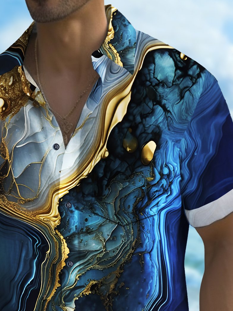 Royaura® Vintage Blue Gold Art Abstract Texture Print Chest Pocket Shirt Plus Size Men's Shirt Big Tall