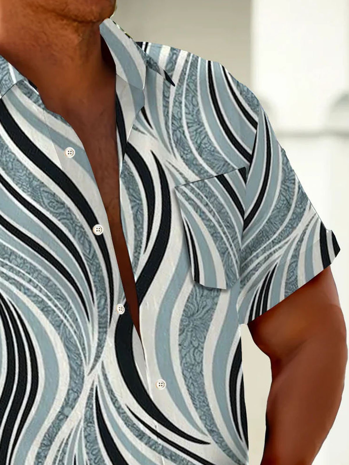 Royaura® Retro Geometric Gradient 3D Print Men's Button Pocket Short Sleeve Shirt