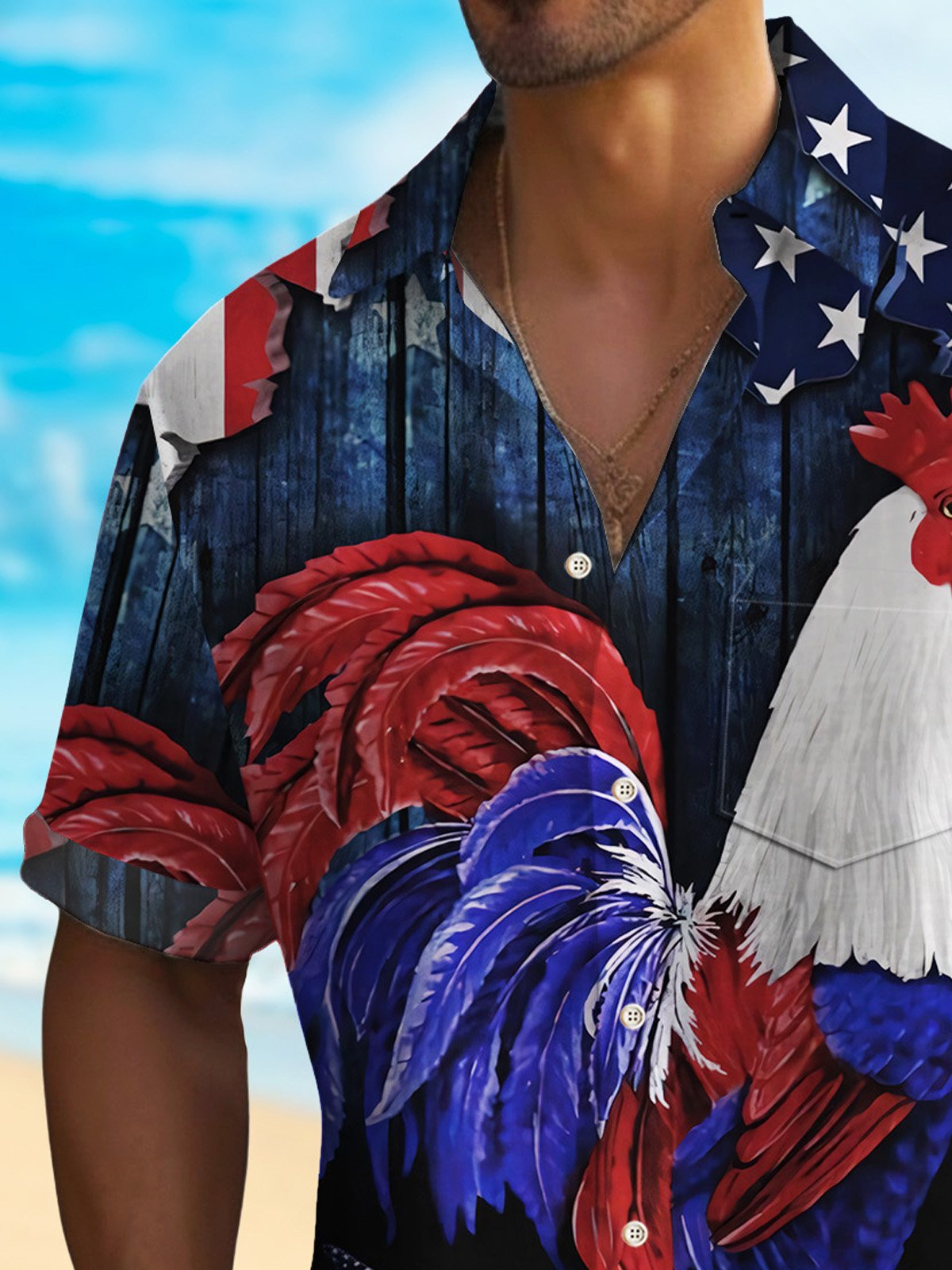 Royaura® Independence Day Men's Hawaiian Shirt American Flag Rooster Art Stretch Camp Pocket Shirt Big Tall