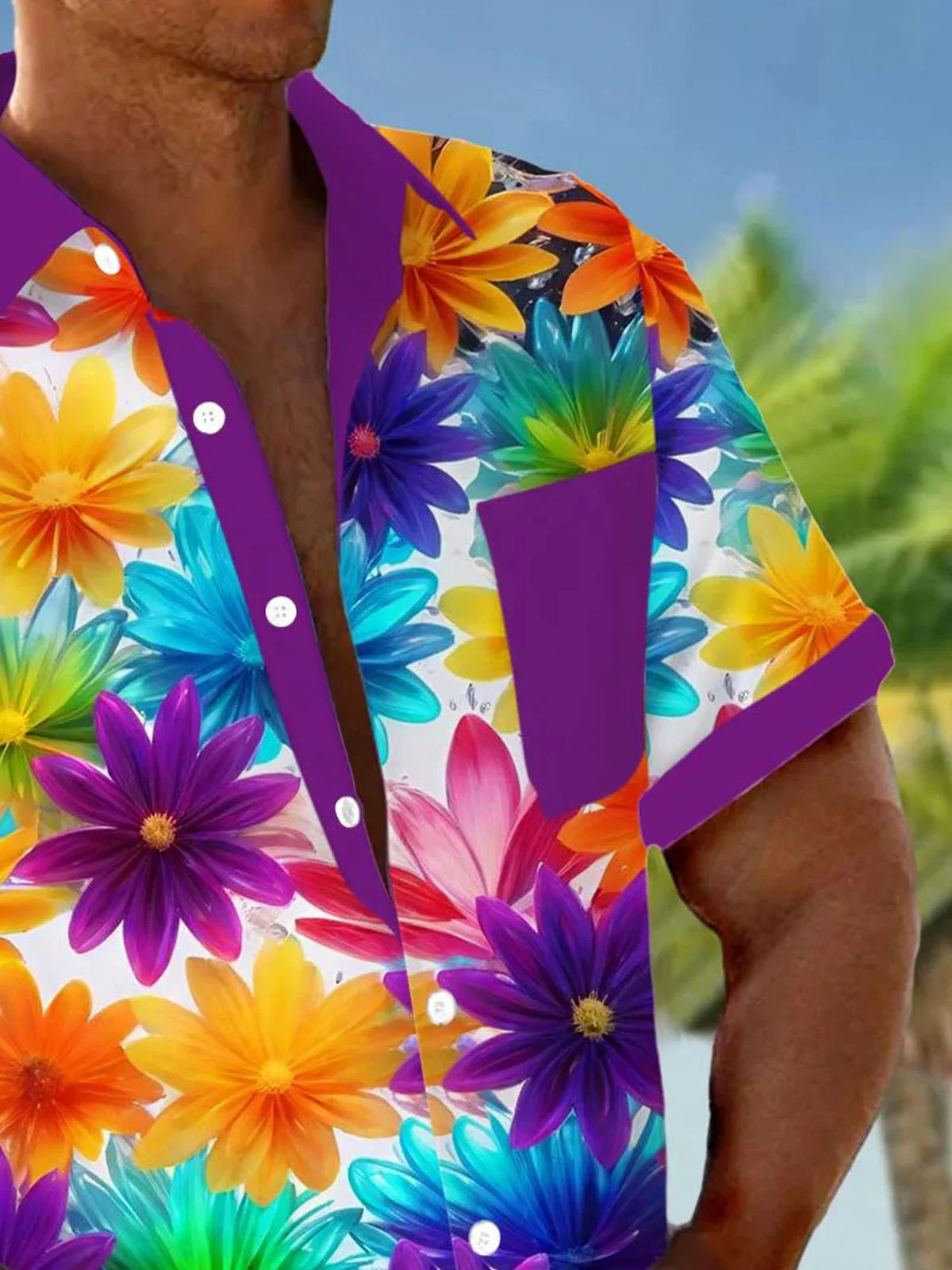 Royaura® Hawaiian Floral Ombre Print Men's Button Pocket Short Sleeve Shirt