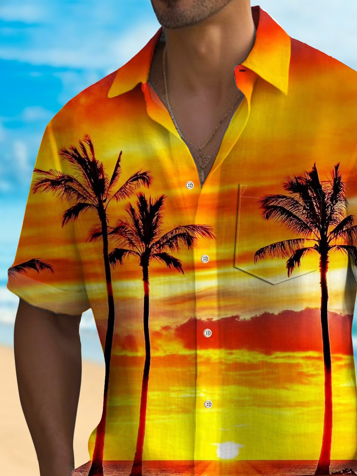 Royaura® Vacation Sunset Beach Men's Hawaiian Shirt Quick Drying Surf Pocket Coconut Tree Art Shirt Big Tall