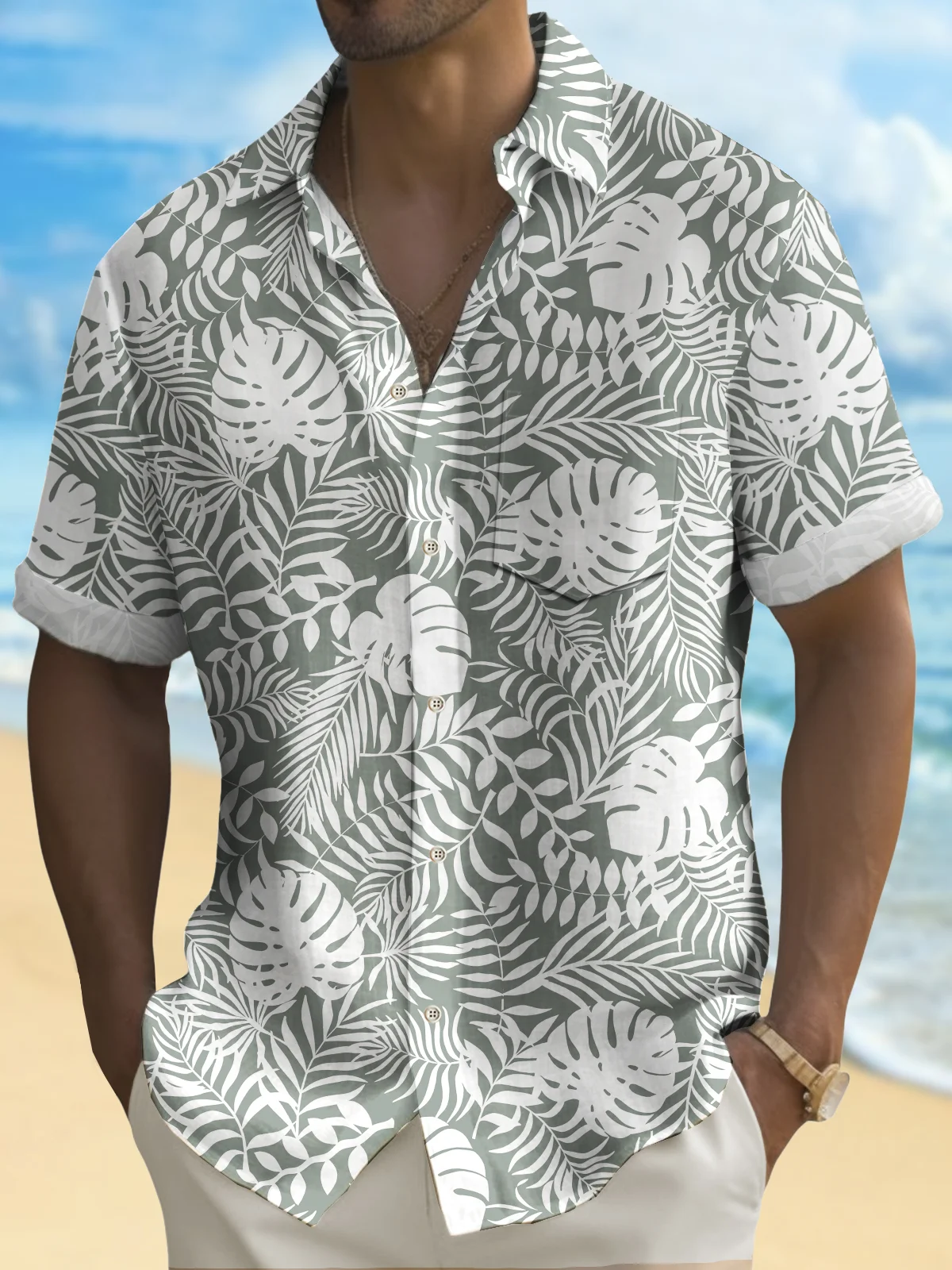 Royaura® Beach Vacation Men's Hawaiian Shirt Plant Leaf Print Pocket Camping Shirt Big Tall