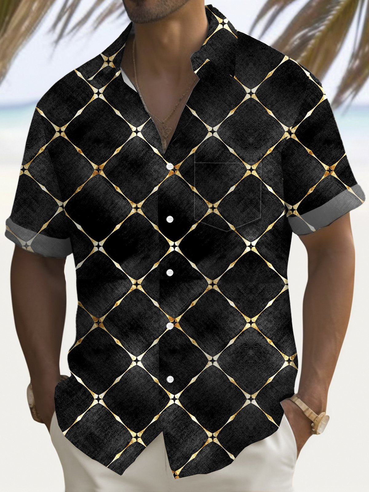 Royaura® Vintage Gold Geometric Gradient Print Men's Button Pocket Short Sleeve Shirt