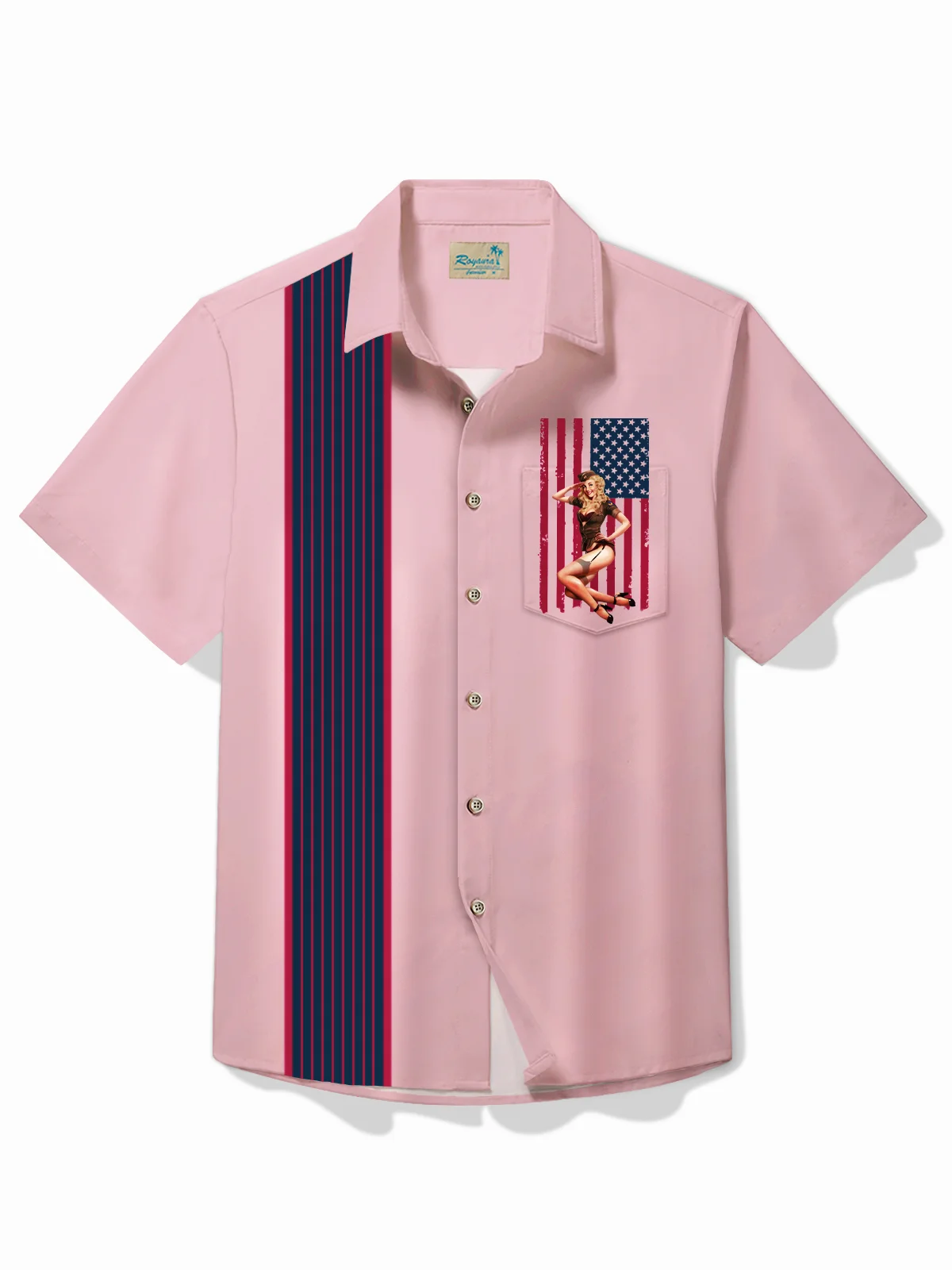 Royaura® Vintage Bowling American Pinup Girl Printed Chest Pocket Shirt Large Size Men's Shirt