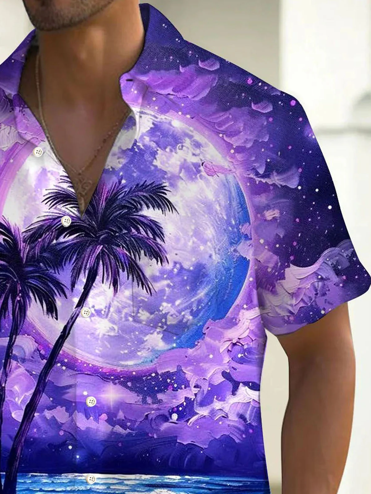 Royaura® Hawaiian Coconut Tree Moon Print Men's Button Pocket Short Sleeve Shirt