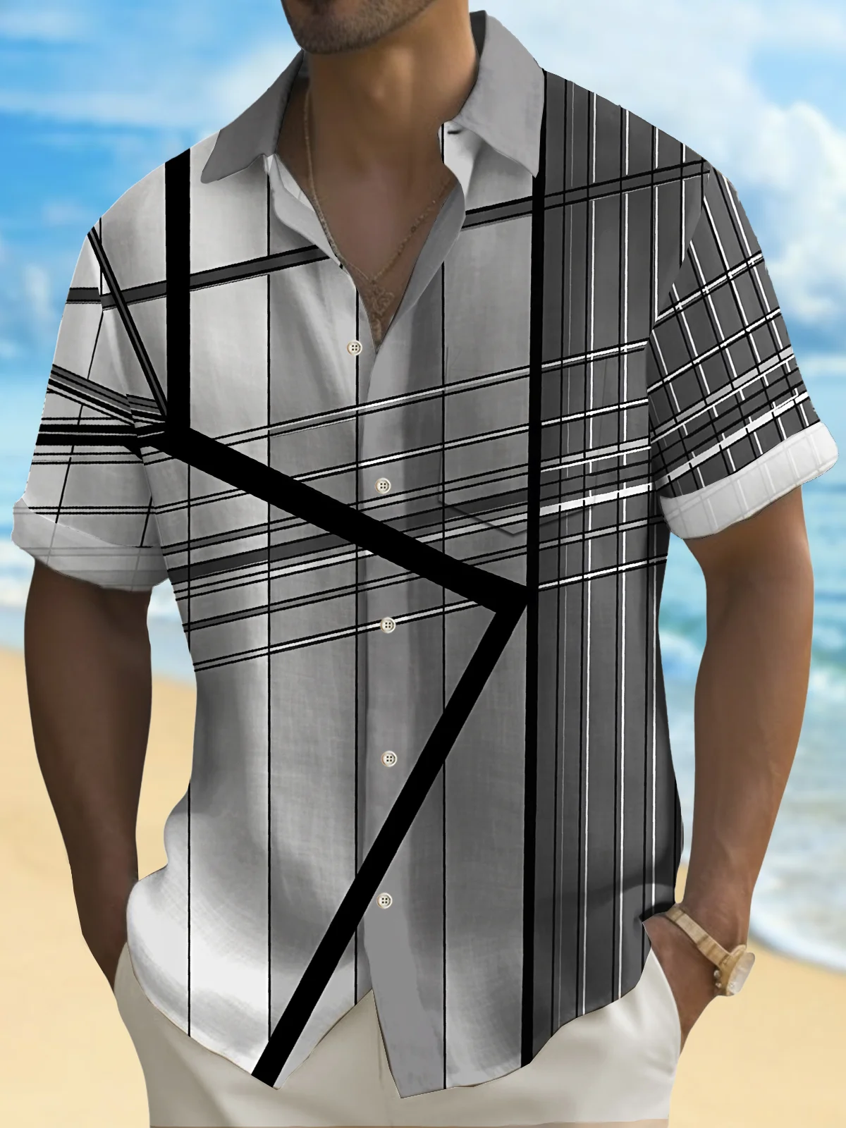 Royaura® Vintage Abstract Geometric Line Print Chest Pocket Shirt Plus Size Men's Shirt Big Tall
