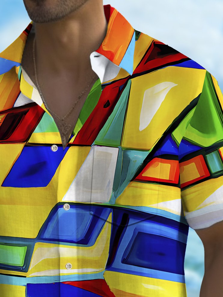 Royaura® Vintage Abstract Geometric Texture Print Chest Pocket Shirt Plus Size Men's Shirt Big Tall