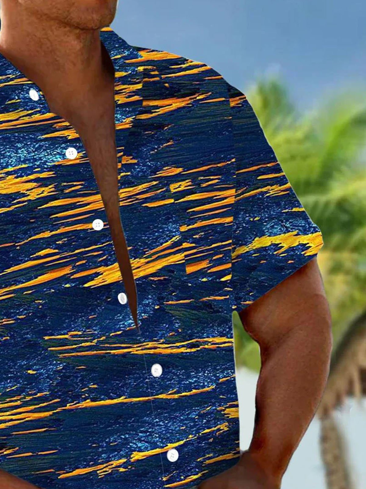Royaura® Retro Geometry Texture 3D Gradient Print Men's Button Pocket Short Sleeve Shirt