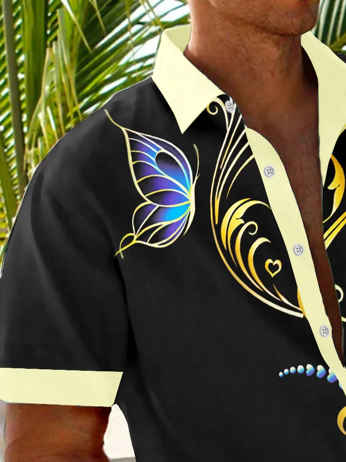 Royaura® Basic Men's Hawaiian Shirt Black Gold Pattern Print Stretch Pocket Camping Shirt Big Tall
