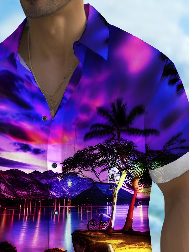 Royaura® Beach Vacation Men's Hawaiian Shirt Coconut Sunset Print Pocket Camping Shirt Big Tall