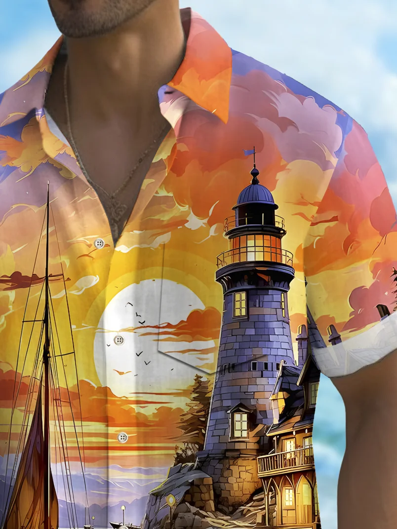 Royaura® Beach Vacation Men's Hawaiian Shirt Beach Sunset Sailboat Print Pocket Camping Shirt Big Tall