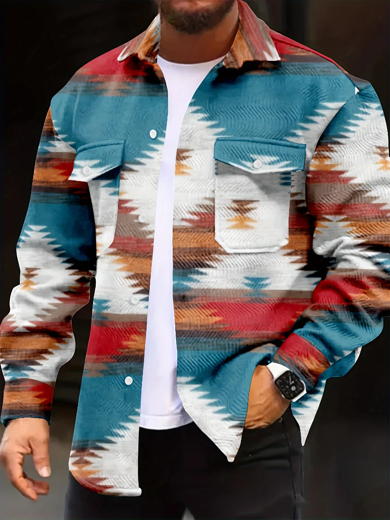 Royaura® Vintage Men's Western Geometric Print Button Wide Stripe Corduroy Cardigan Pocket Jacket