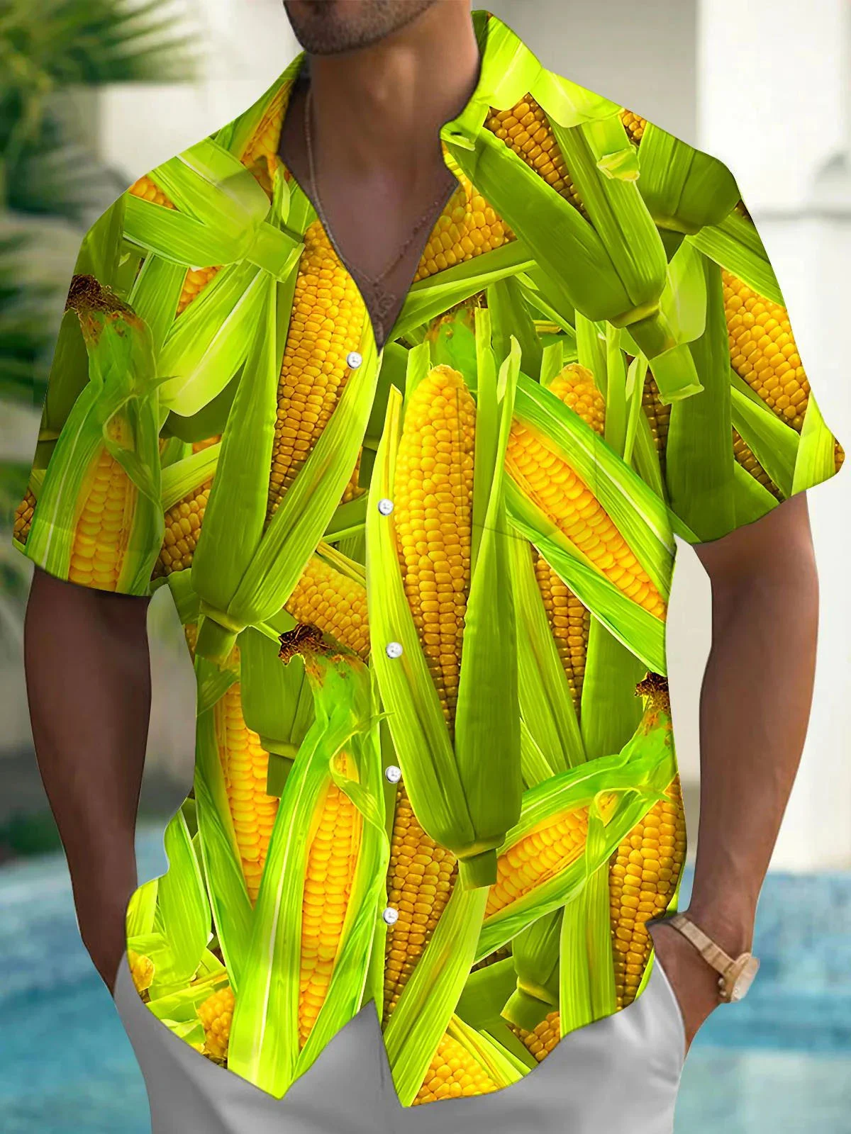 Royaura® Hawaiian Fruit and Vegetable Corn Print Men's Button Pocket Short Sleeve Shirt Big & Tall