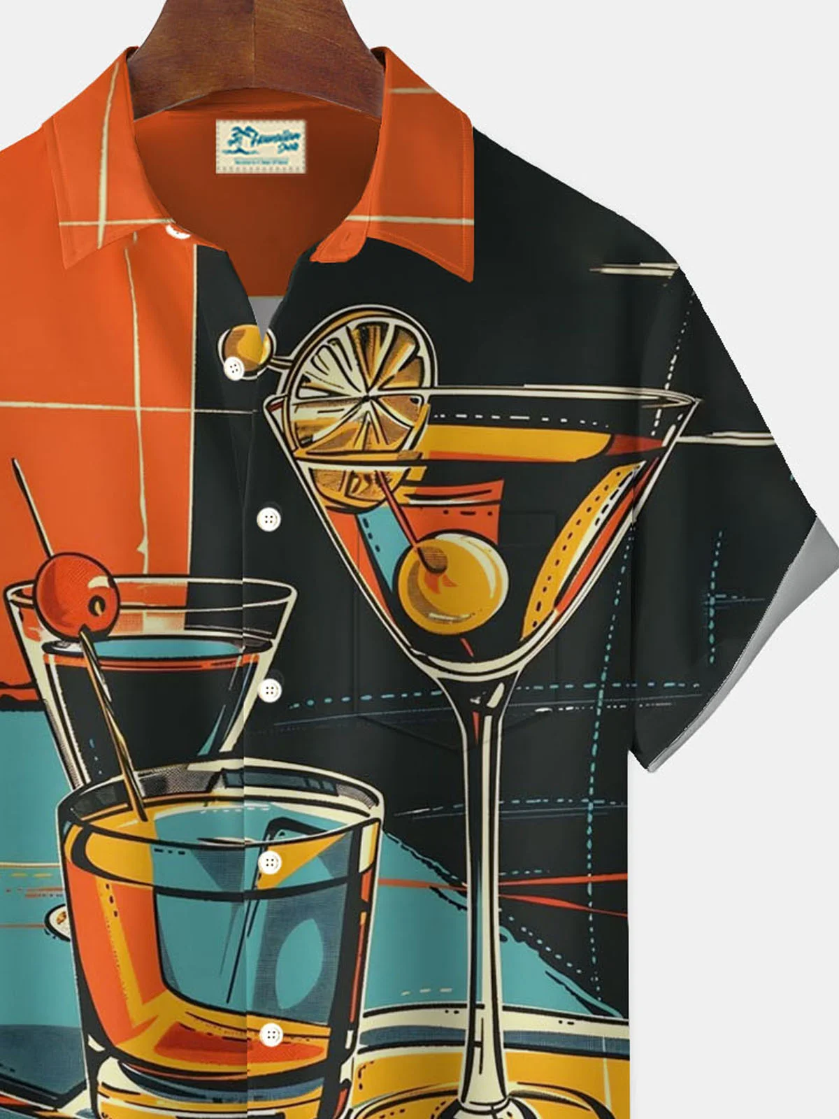 Royaura® Retro Mid-Century Geometric Color Block Cocktail Atom Print Men's Button Pocket Short Sleeve Shirt Big & Tall