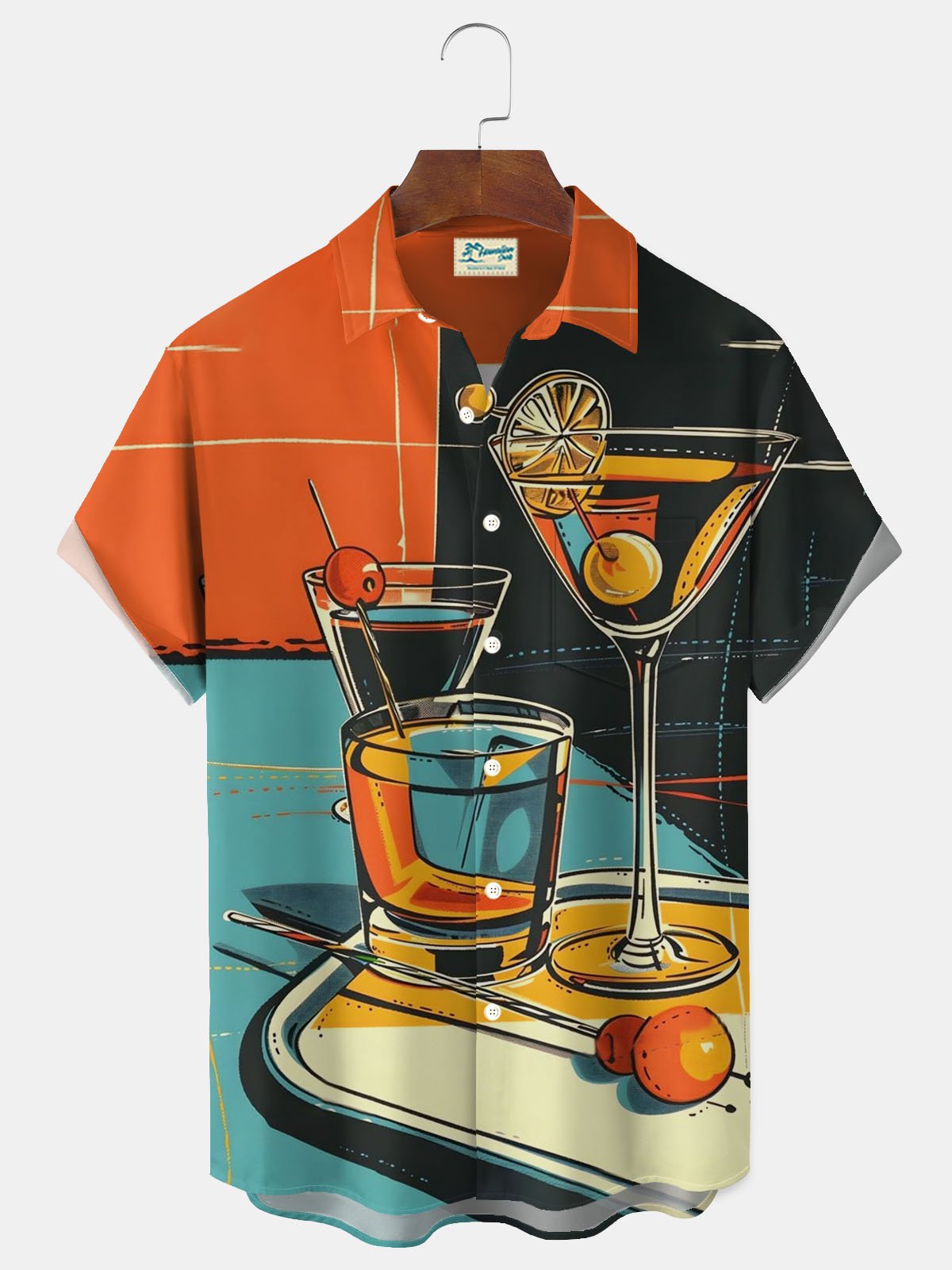 Royaura® Retro Mid-Century Geometric Color Block Cocktail Atom Print Men's Button Pocket Short Sleeve Shirt Big & Tall