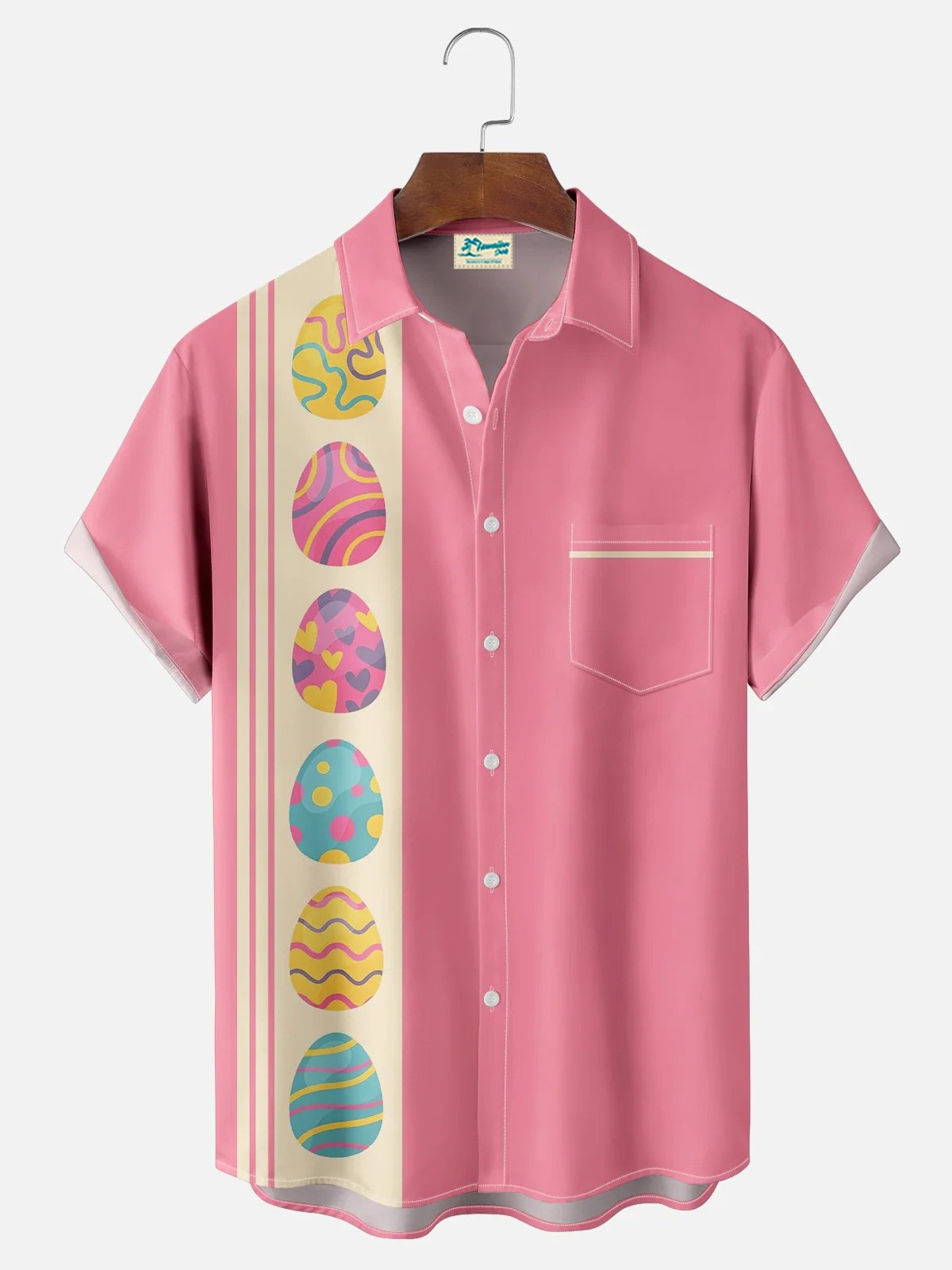 Royaura® Holiday Easter Bowling Egg Print Men's Button Pocket Short Sleeve Shirt Big & Tall
