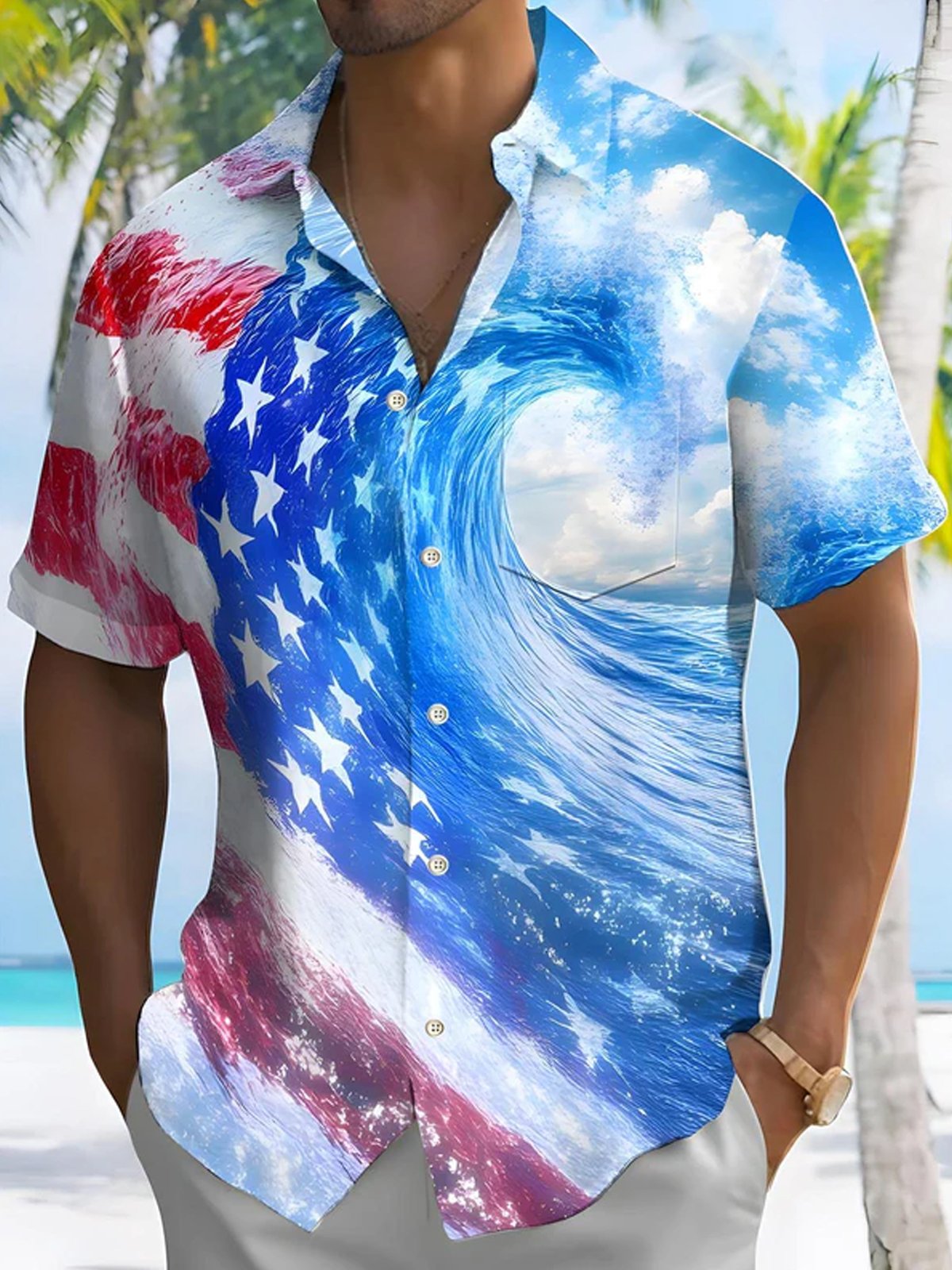 Royaura® Hawaiian Flag Wave Print Men's Button Pocket Short Sleeve Shirt Big & Tall
